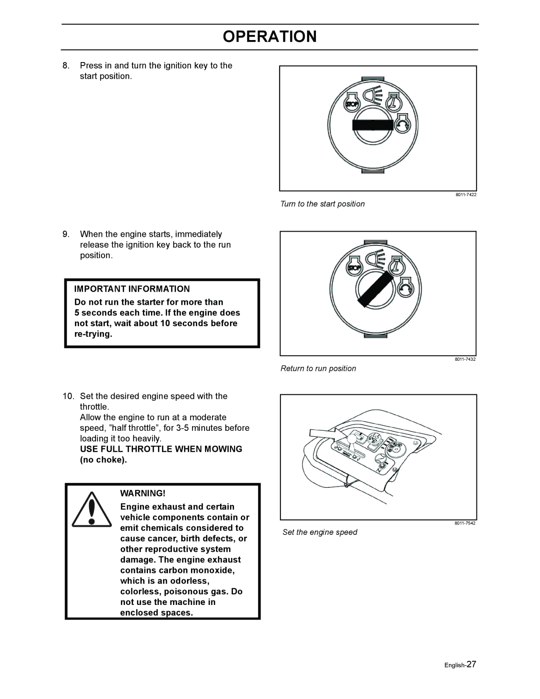 Poulan 968999302 manual Press in and turn the ignition key to the start position 