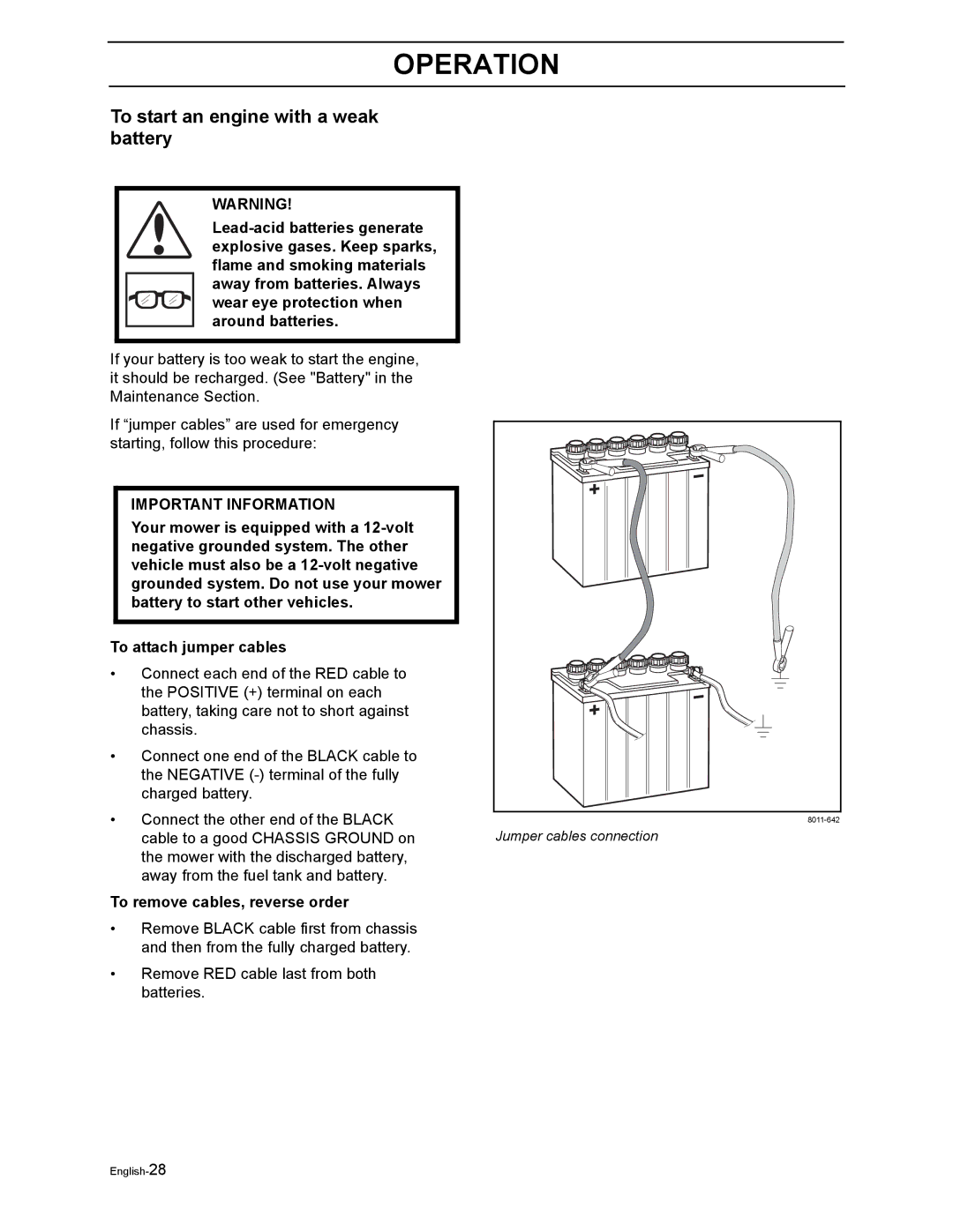 Poulan 968999302 manual To start an engine with a weak battery, To remove cables, reverse order 