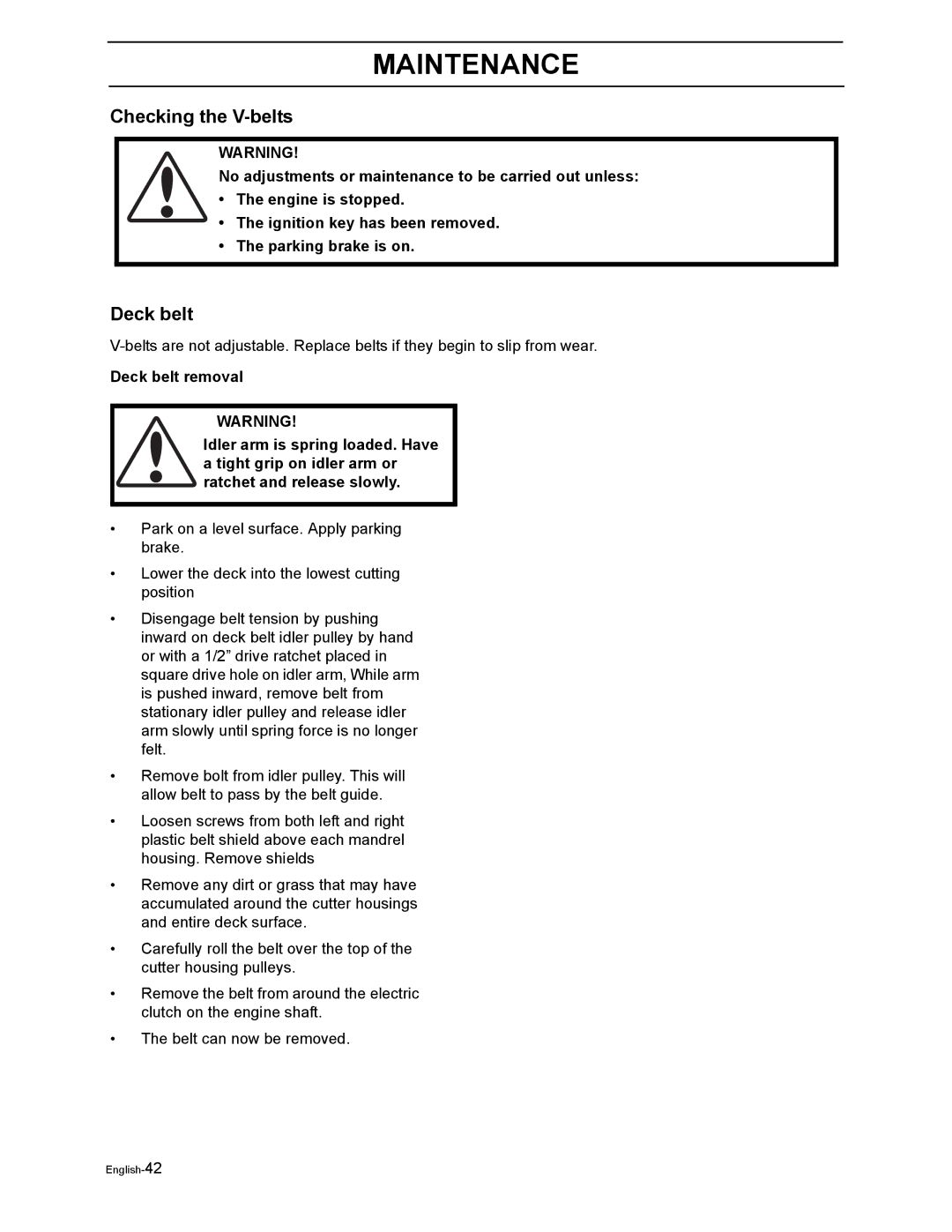 Poulan 968999302 manual Checking the V-belts, Deck belt 