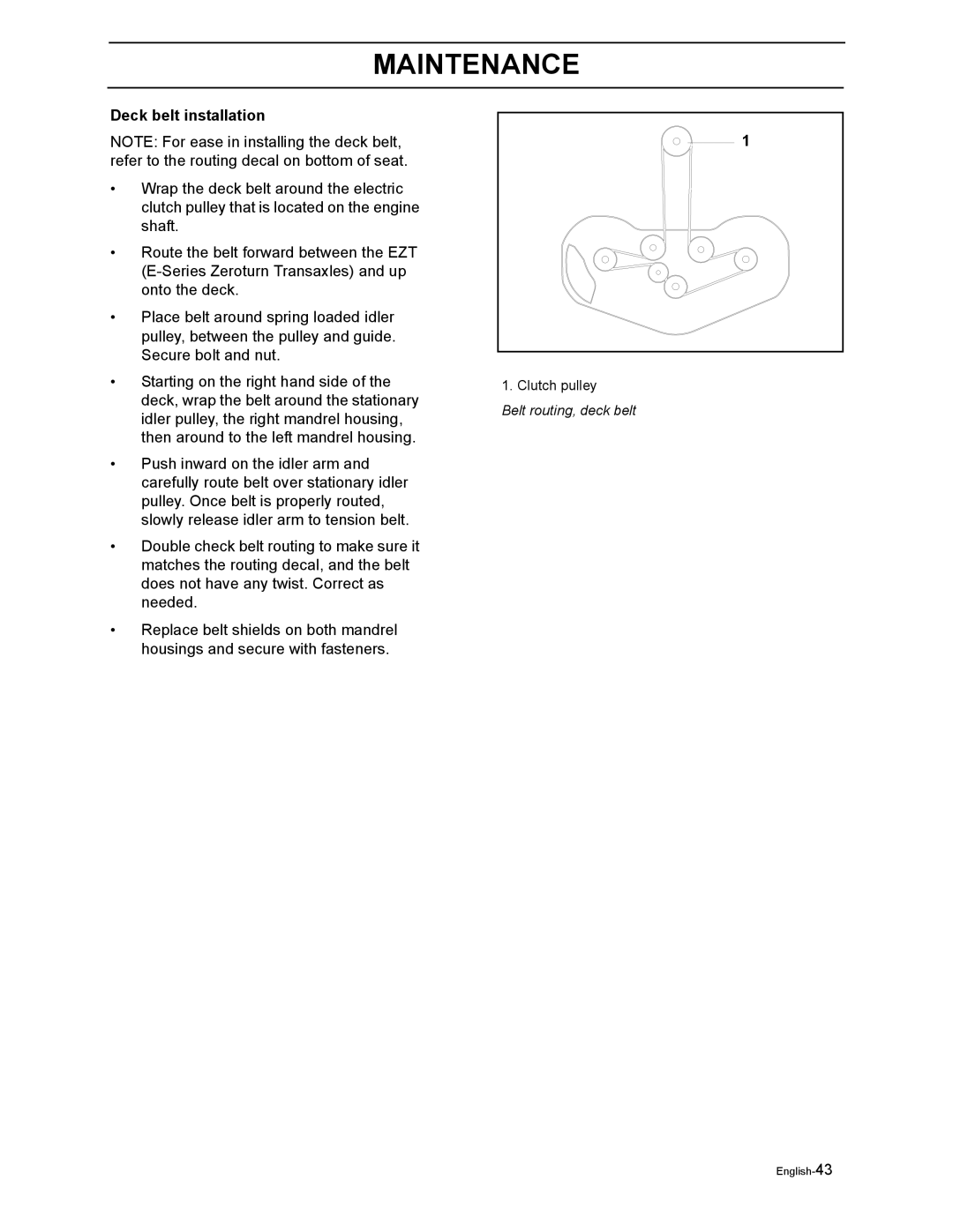 Poulan 968999302 manual Deck belt installation 