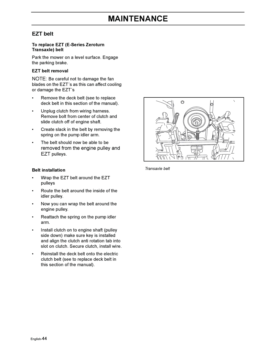 Poulan 968999302 manual To replace EZT E-Series Zeroturn Transaxle belt, EZT belt removal 