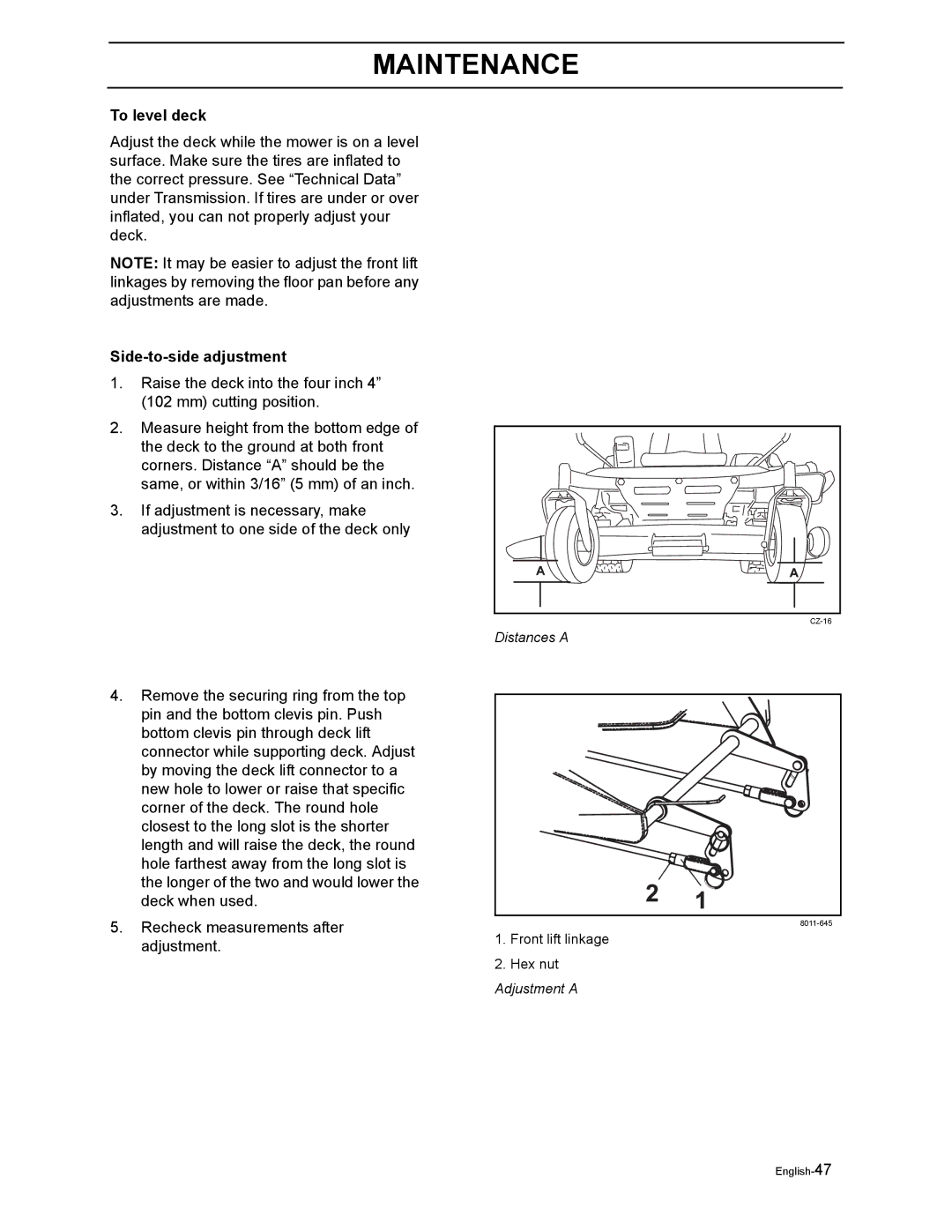 Poulan 968999302 manual To level deck, Side-to-side adjustment 