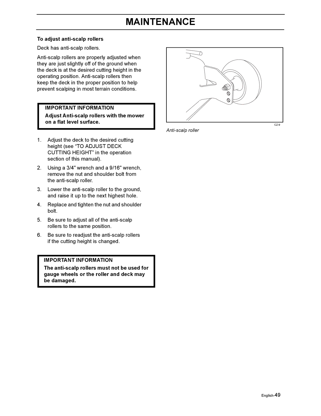 Poulan 968999302 manual To adjust anti-scalp rollers 