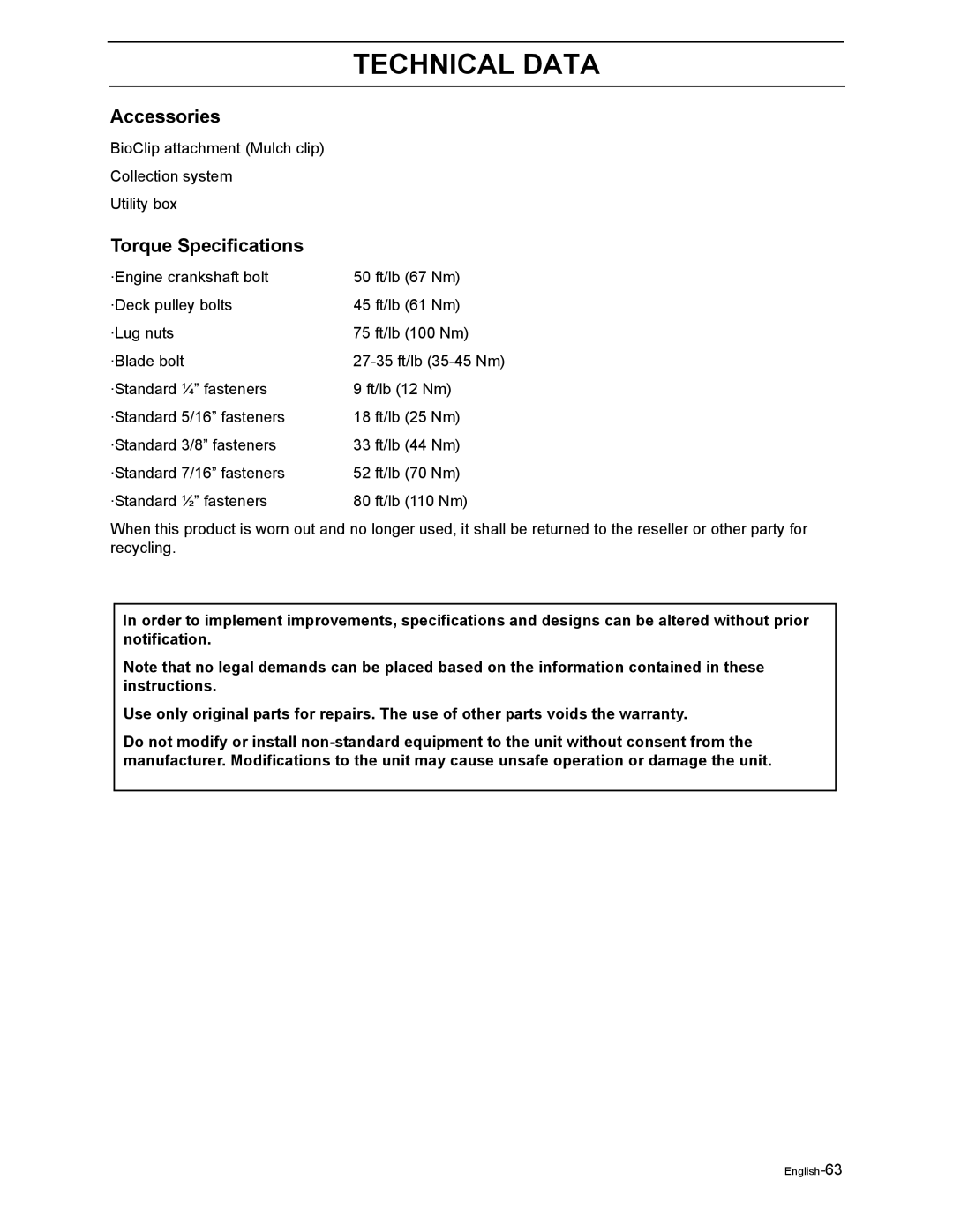 Poulan 968999302 manual Accessories, Torque Specifications 