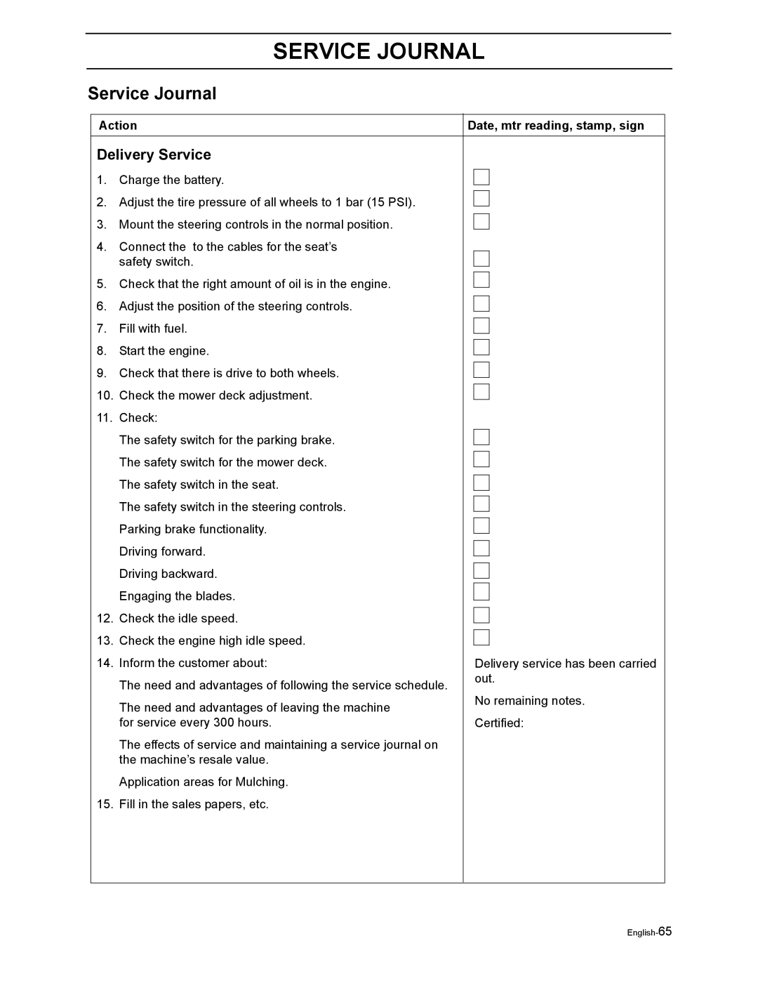 Poulan 968999302 manual Service Journal, Delivery Service, Action Date, mtr reading, stamp, sign 