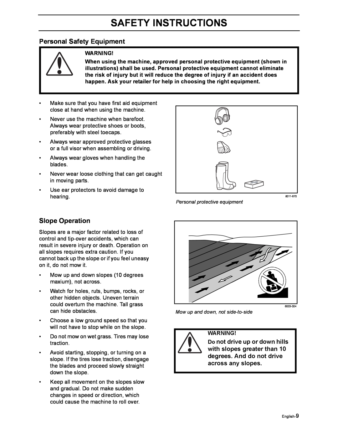 Poulan 968999507, 968999516 manual Personal Safety Equipment, Slope Operation, Safety Instructions 