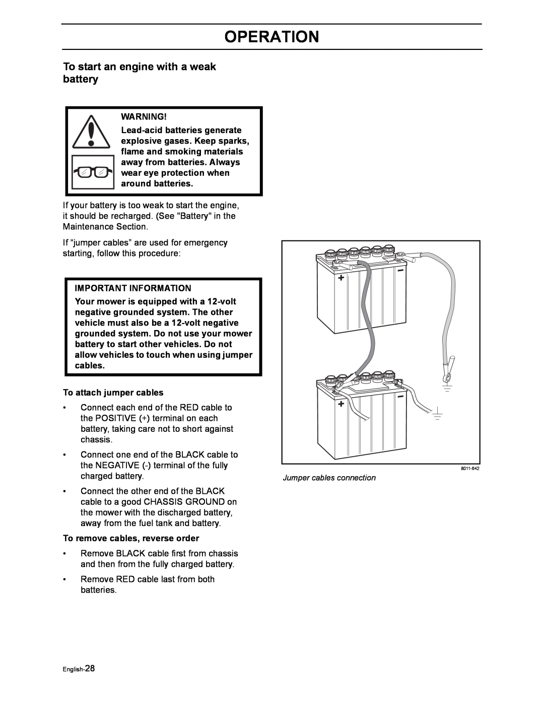 Poulan 968999516, 968999507 manual To start an engine with a weak battery, Operation 