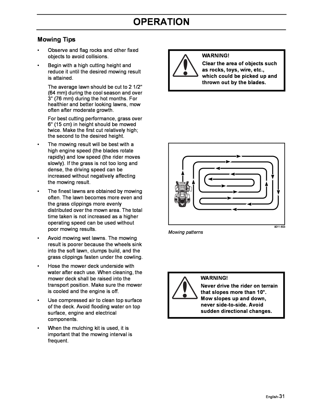 Poulan 968999507, 968999516 manual Mowing Tips, Operation, Mowing patterns 