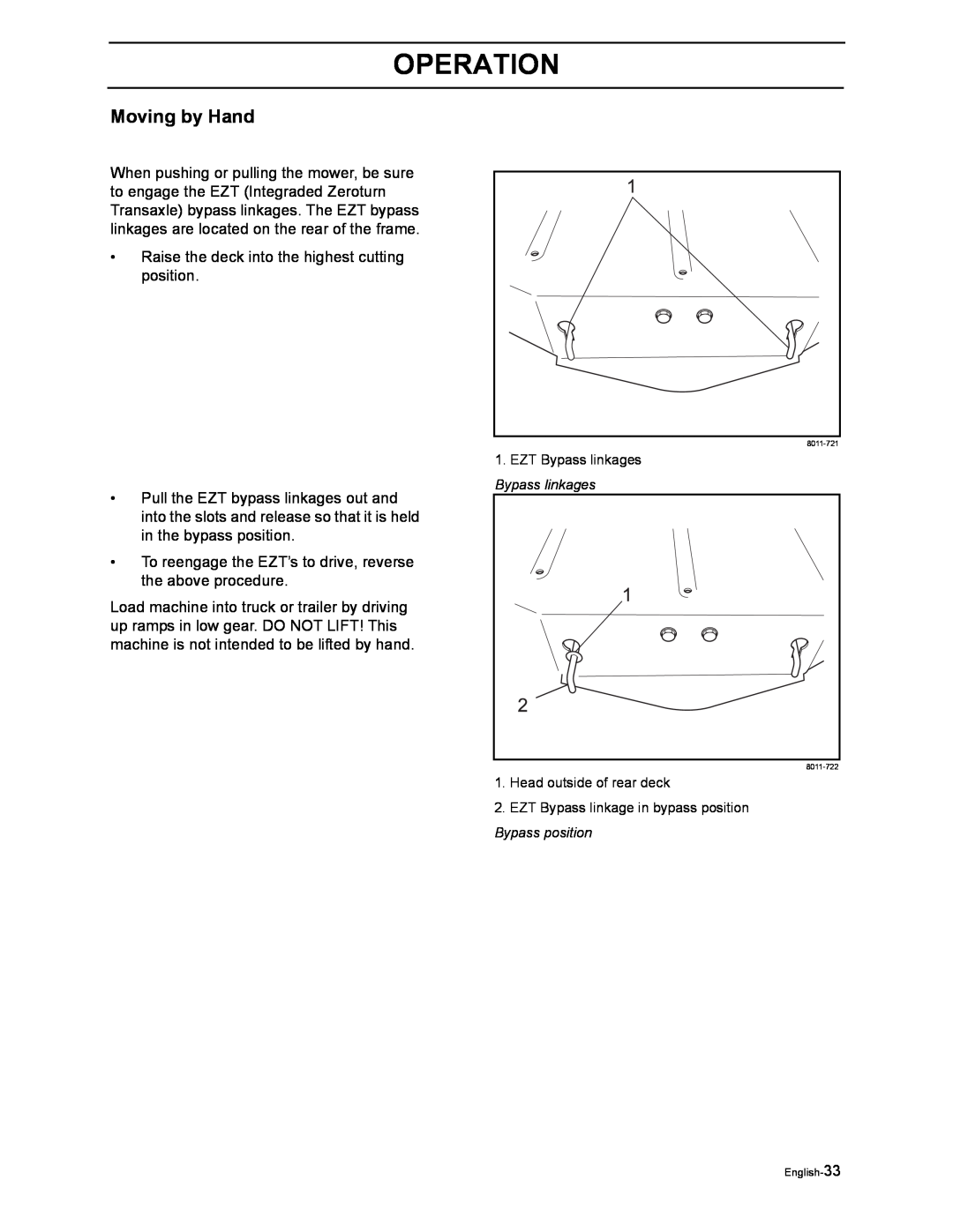 Poulan 968999507, 968999516 manual Moving by Hand, Operation 