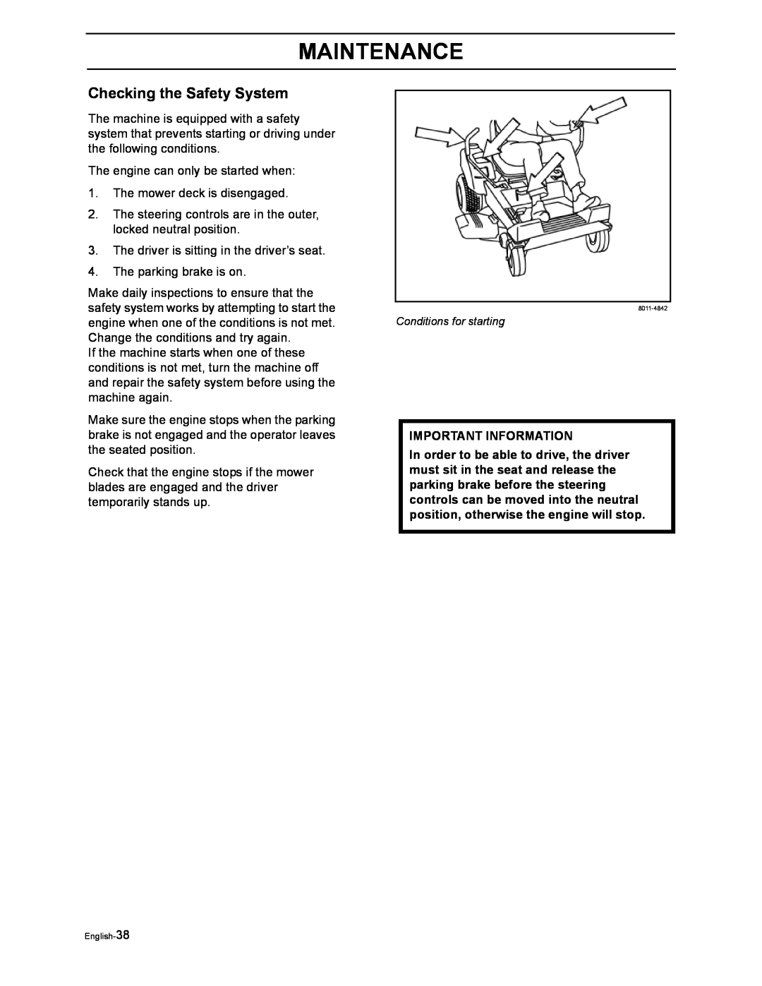 Poulan 968999516, 968999507 manual Checking the Safety System, Maintenance, Important Information 