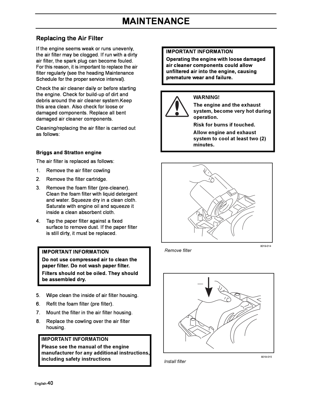 Poulan 968999516, 968999507 manual Replacing the Air Filter, Maintenance 