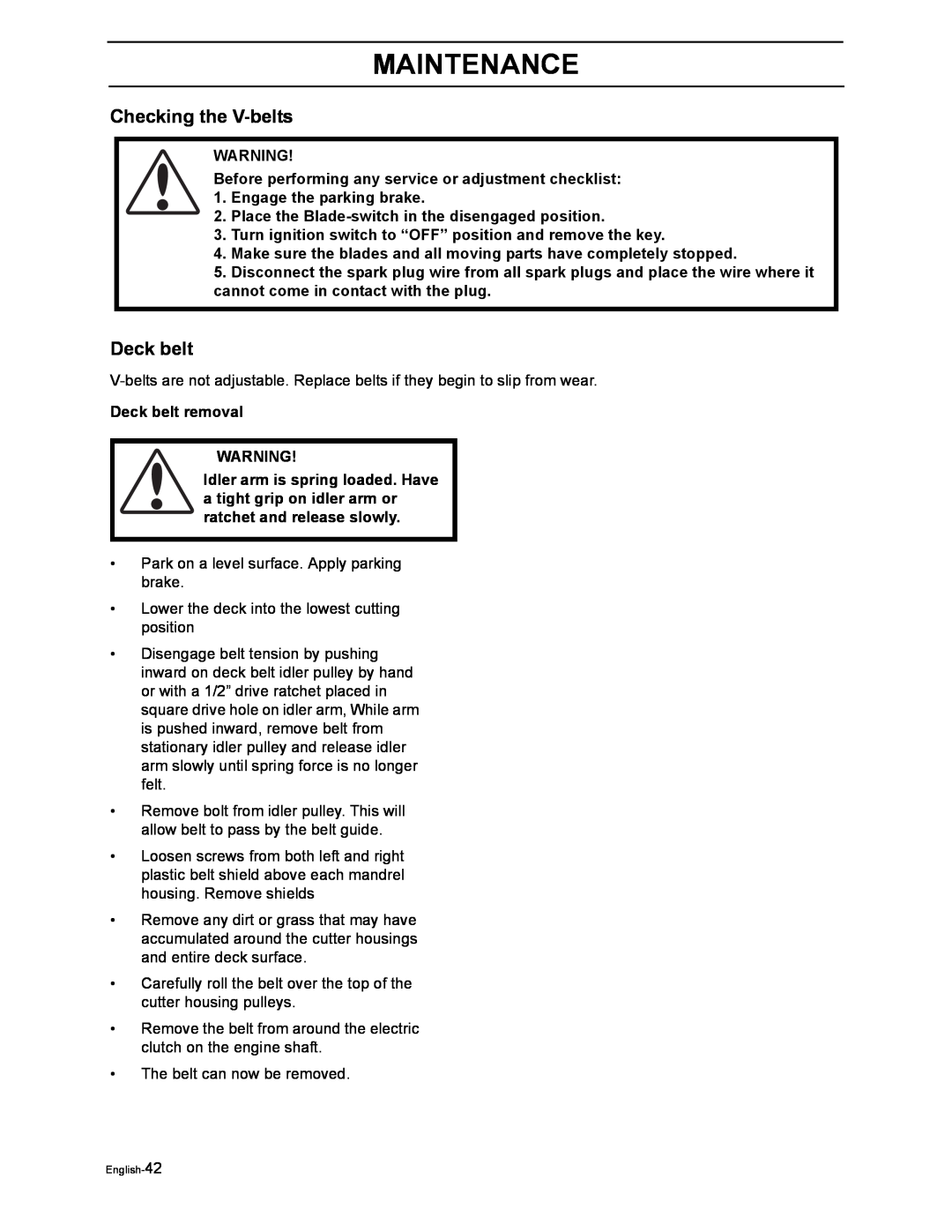 Poulan 968999516, 968999507 manual Checking the V-belts, Deck belt, Maintenance 