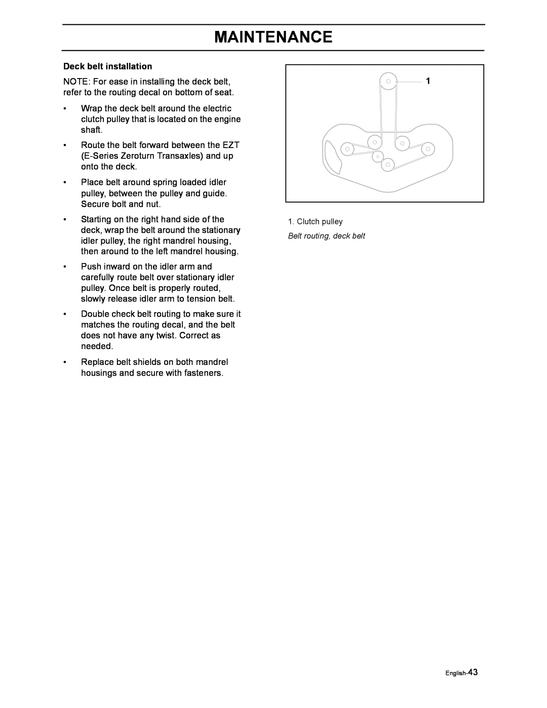 Poulan 968999507, 968999516 manual Maintenance, Deck belt installation, Clutch pulley 