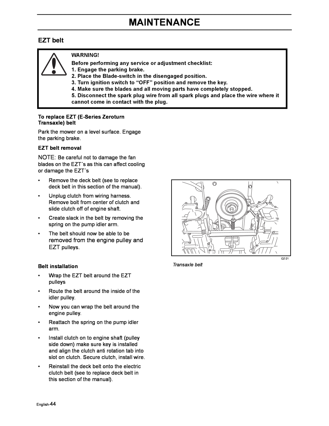 Poulan 968999516, 968999507 manual EZT belt, Maintenance, Belt installation 