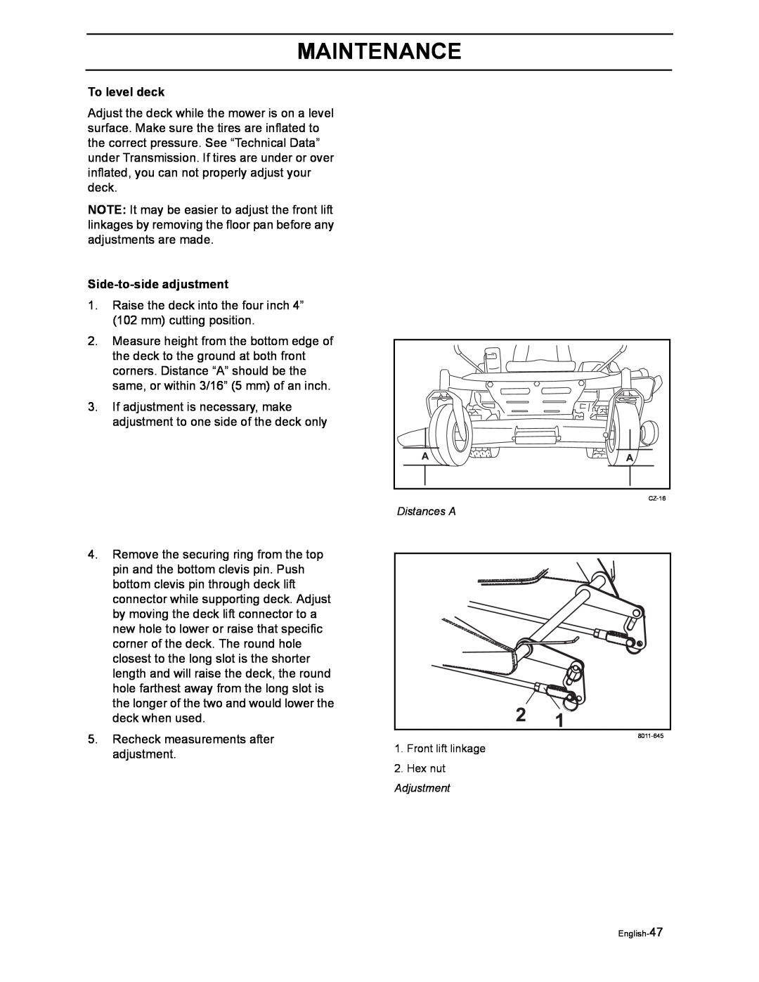 Poulan 968999507, 968999516 manual Maintenance, To level deck, Side-to-sideadjustment 