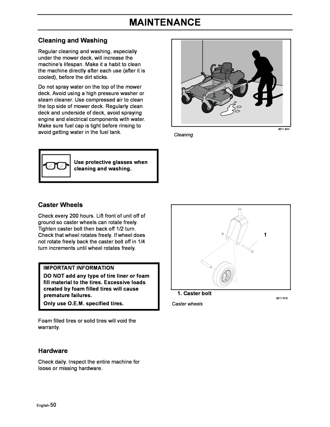 Poulan 968999516, 968999507 Cleaning and Washing, Caster Wheels, Hardware, Maintenance, Important Information, Caster bolt 