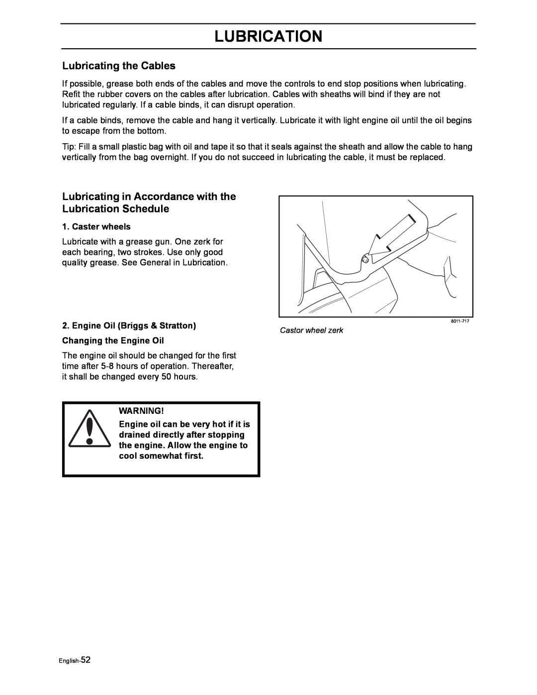 Poulan 968999516, 968999507 manual Lubricating the Cables, Lubrication 