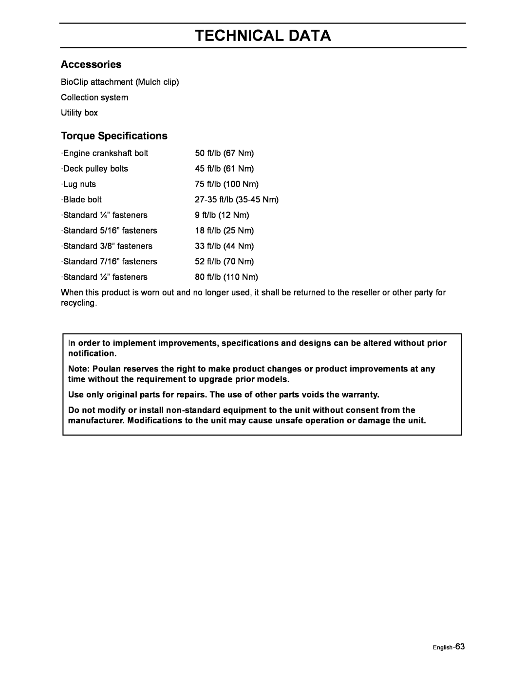 Poulan 968999507, 968999516 manual Torque Specifications, Technical Data, Accessories 