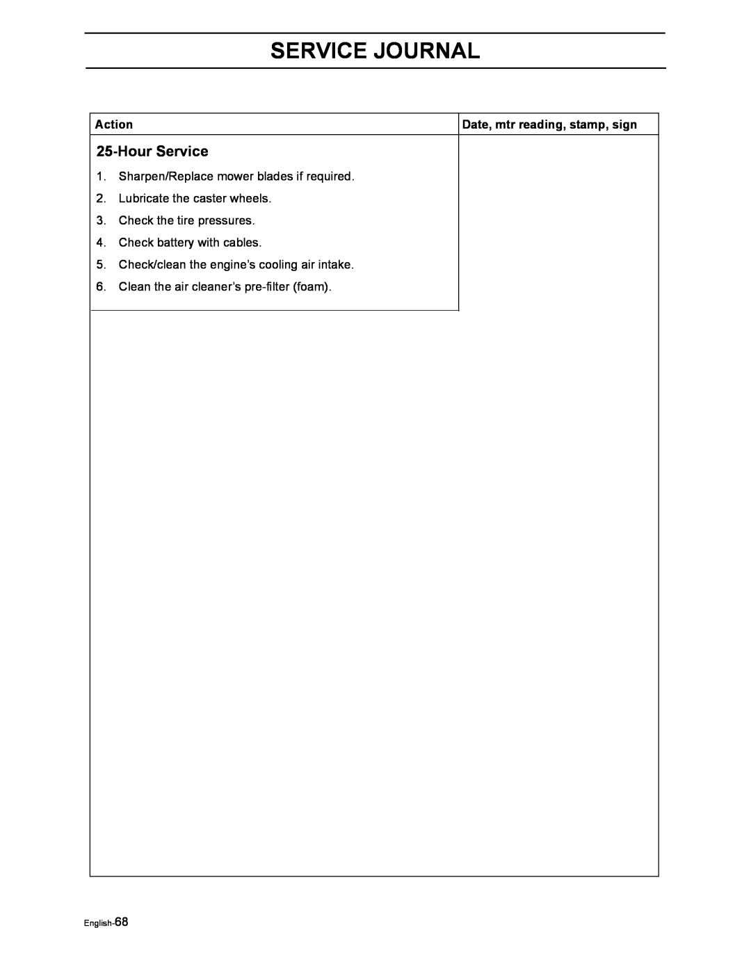 Poulan 968999516 manual HourService, Service Journal, Sharpen/Replace mower blades if required, Lubricate the caster wheels 