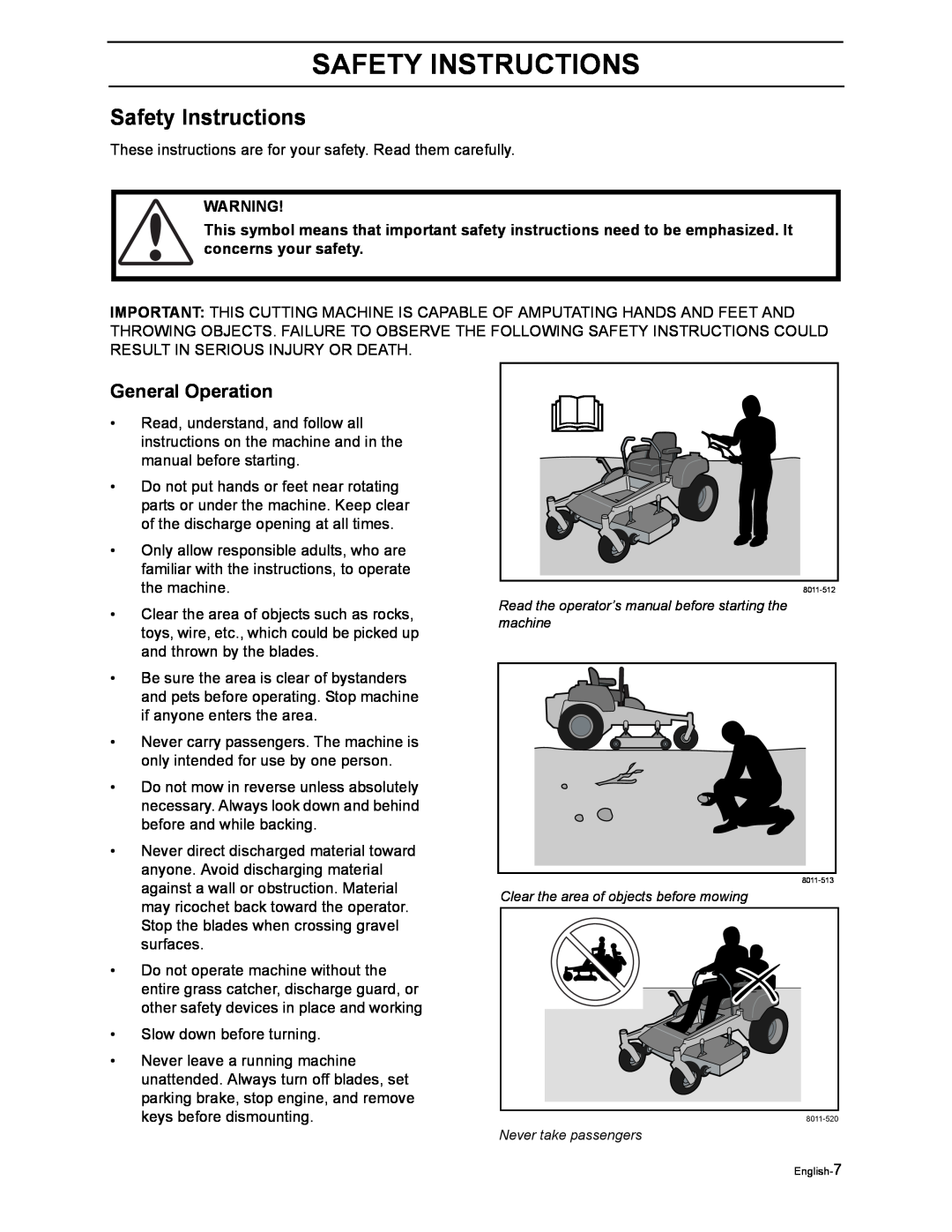 Poulan 968999507, 968999516 manual Safety Instructions, General Operation 