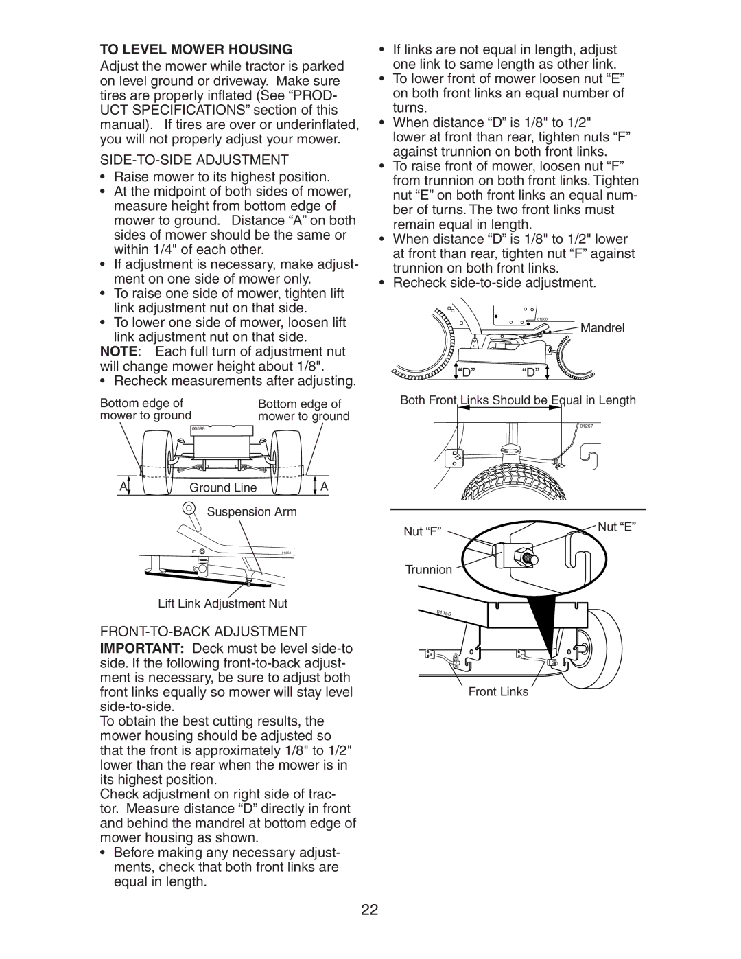 Poulan AG17542STB manual To Level Mower Housing, SIDE-TO-SIDE Adjustment 