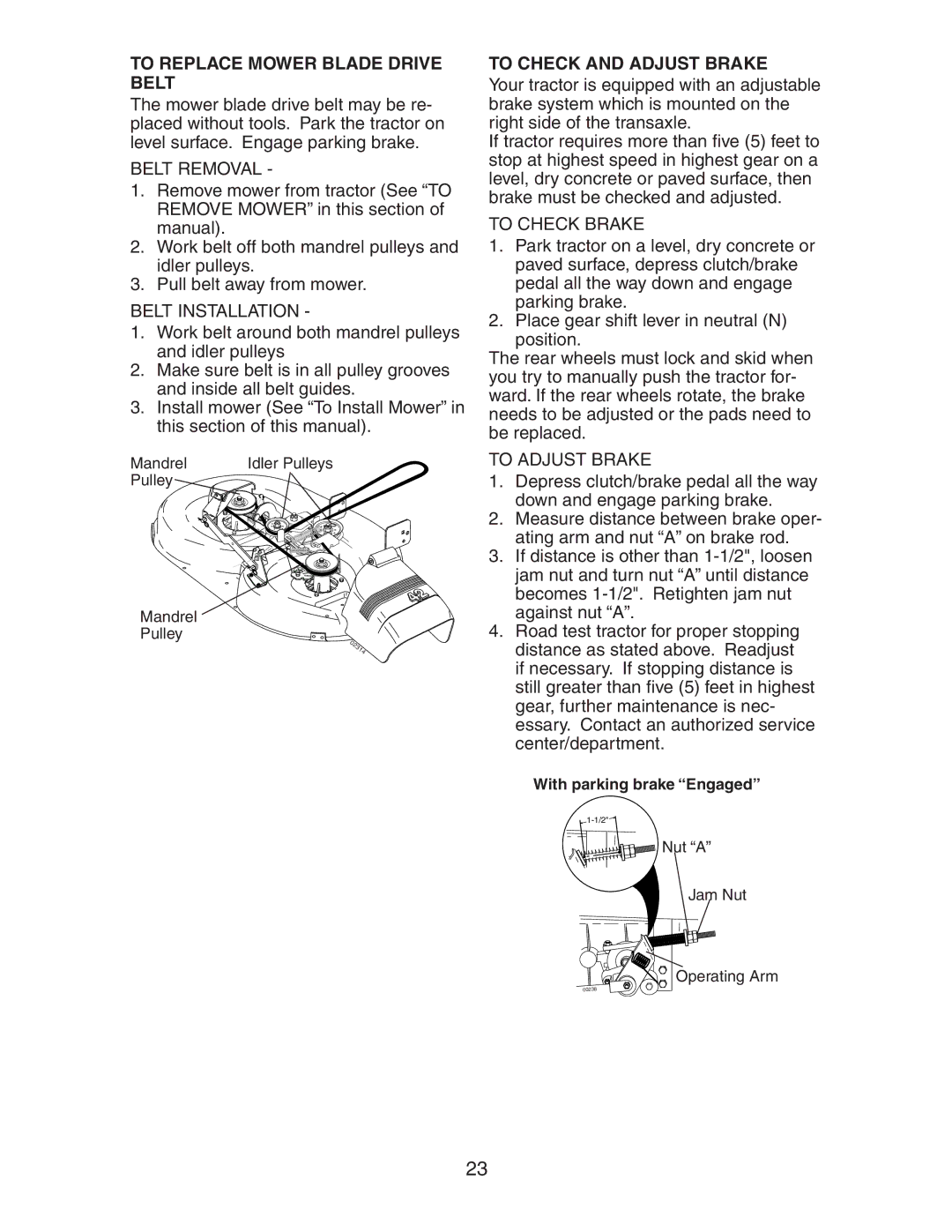 Poulan AG17542STB manual To Replace Mower Blade Drive Belt, To Check and Adjust Brake 