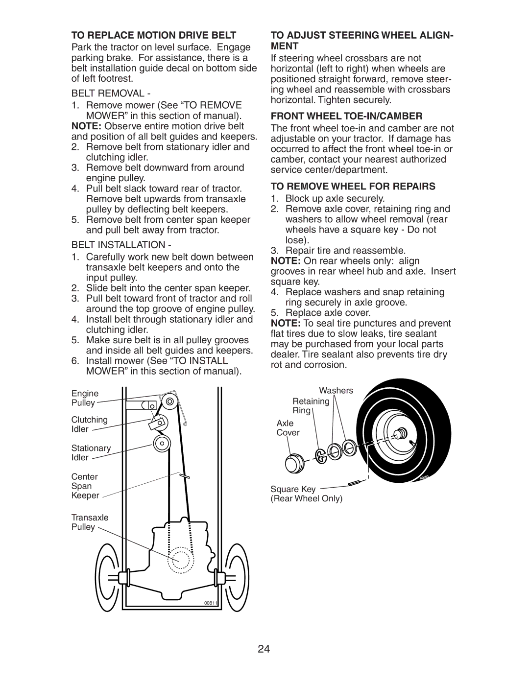 Poulan AG17542STB manual To Replace Motion Drive Belt, To Adjust Steering Wheel ALIGN- Ment, Front Wheel TOE-IN/CAMBER 