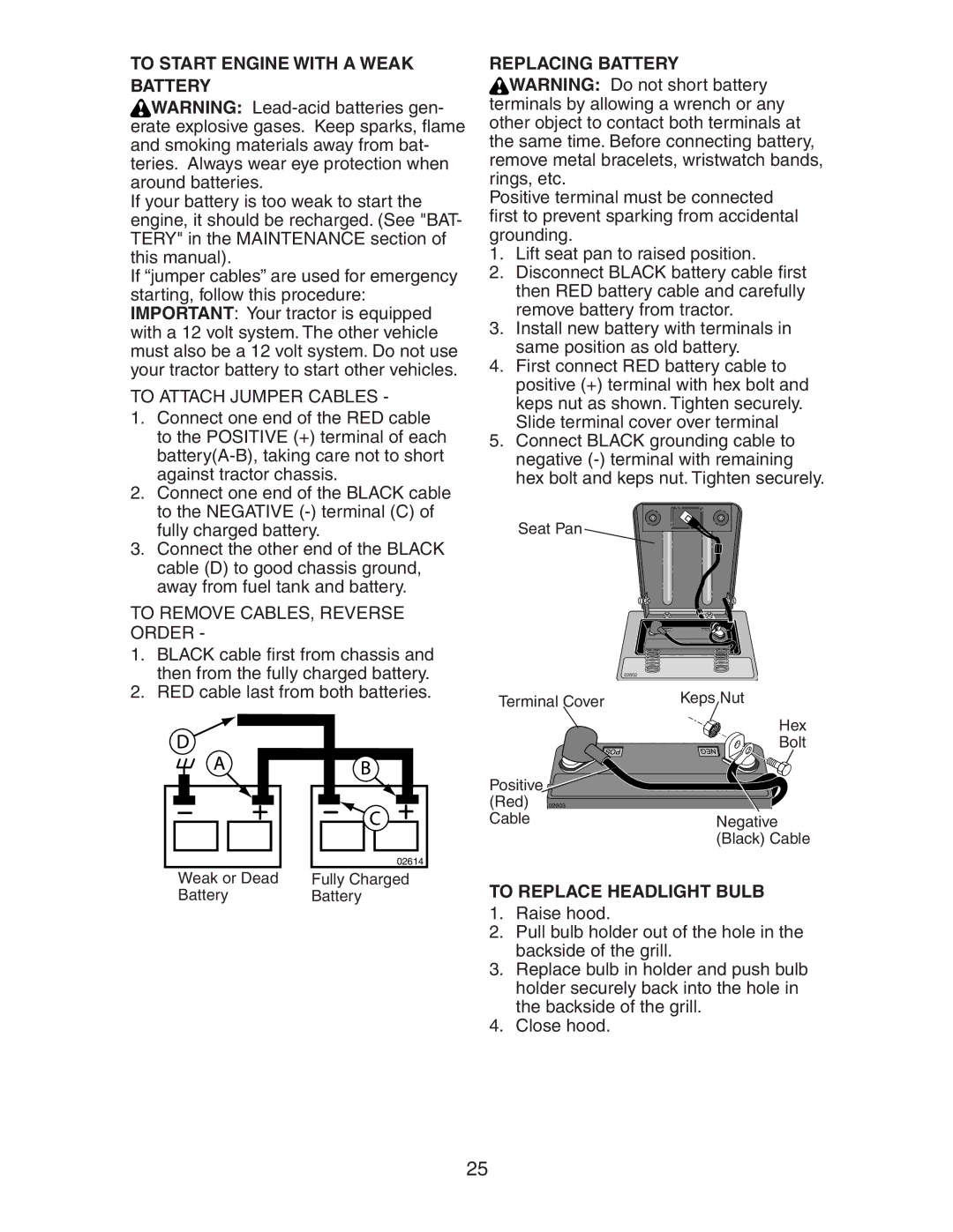 Poulan AG17542STB manual To Start Engine with a Weak Battery, To Attach Jumper Cables, To Remove CABLES, Reverse Order 