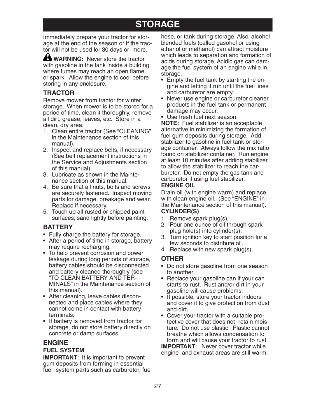 Poulan AG17542STB manual Battery, Other, Fuel System, Engine OIL, Cylinders 