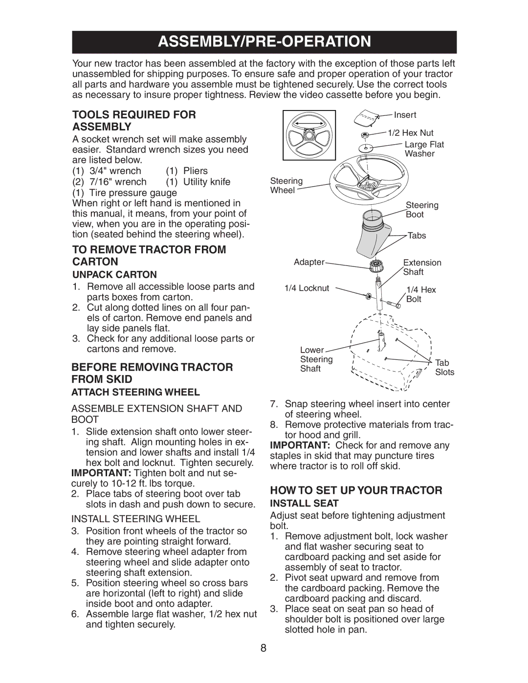 Poulan AG17542STB manual Tools Required for Assembly, To Remove Tractor from Carton, Before Removing Tractor from Skid 