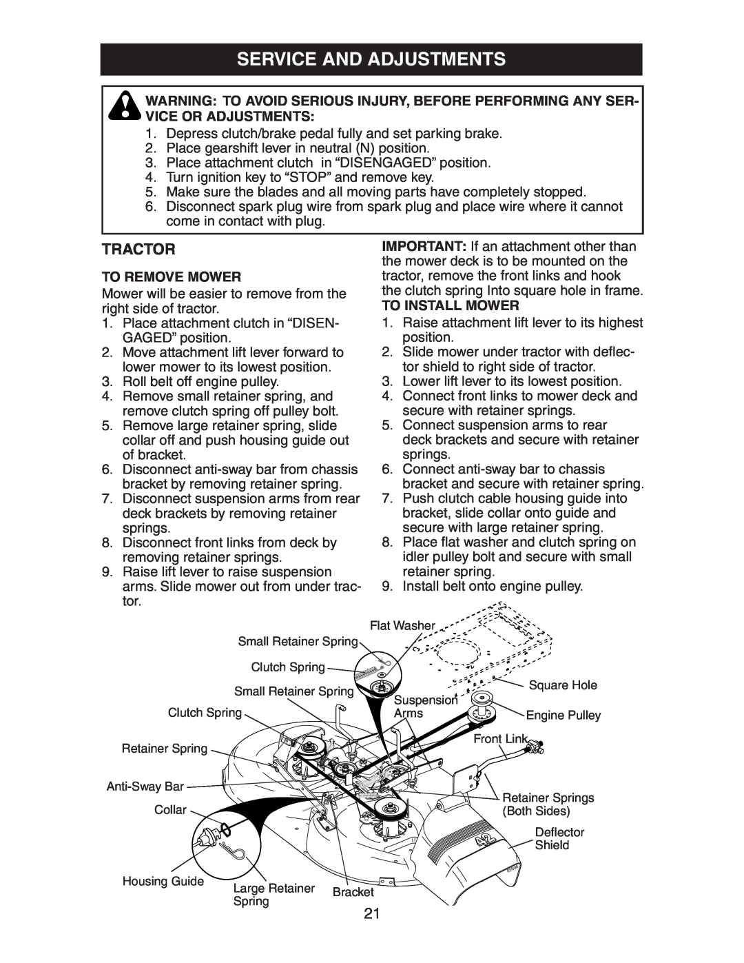 Poulan AG17542STB manual Service And Adjustments, To Remove Mower, To Install Mower 