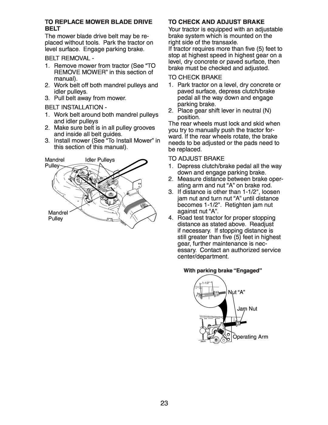 Poulan AG17542STB manual To Replace Mower Blade Drive Belt, To Check And Adjust Brake, With parking brake “Engaged” 
