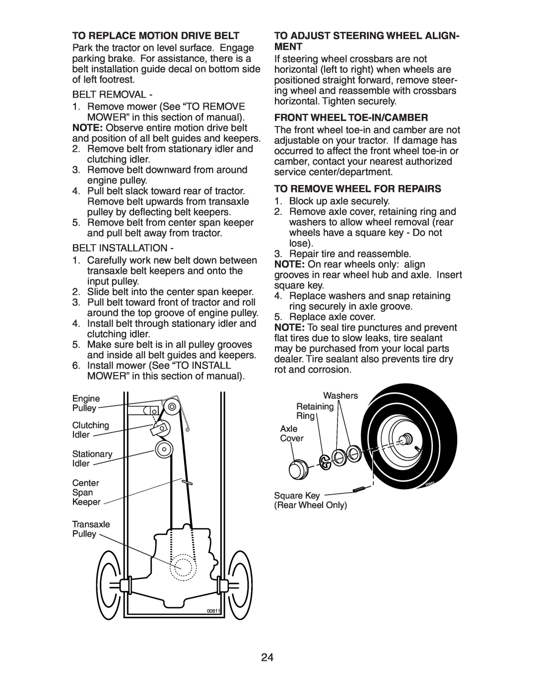Poulan AG17542STB manual To Replace Motion Drive Belt, To Adjust Steering Wheel Align- Ment, Front Wheel Toe-In/Camber 