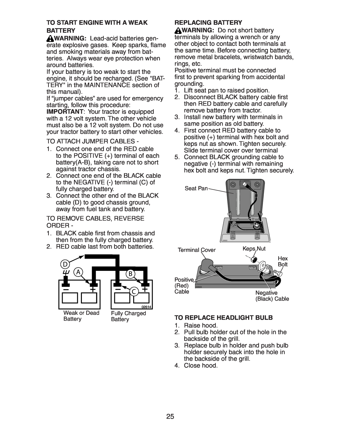 Poulan AG17542STB manual To Start Engine With A Weak Battery, Replacing Battery, To Replace Headlight Bulb 
