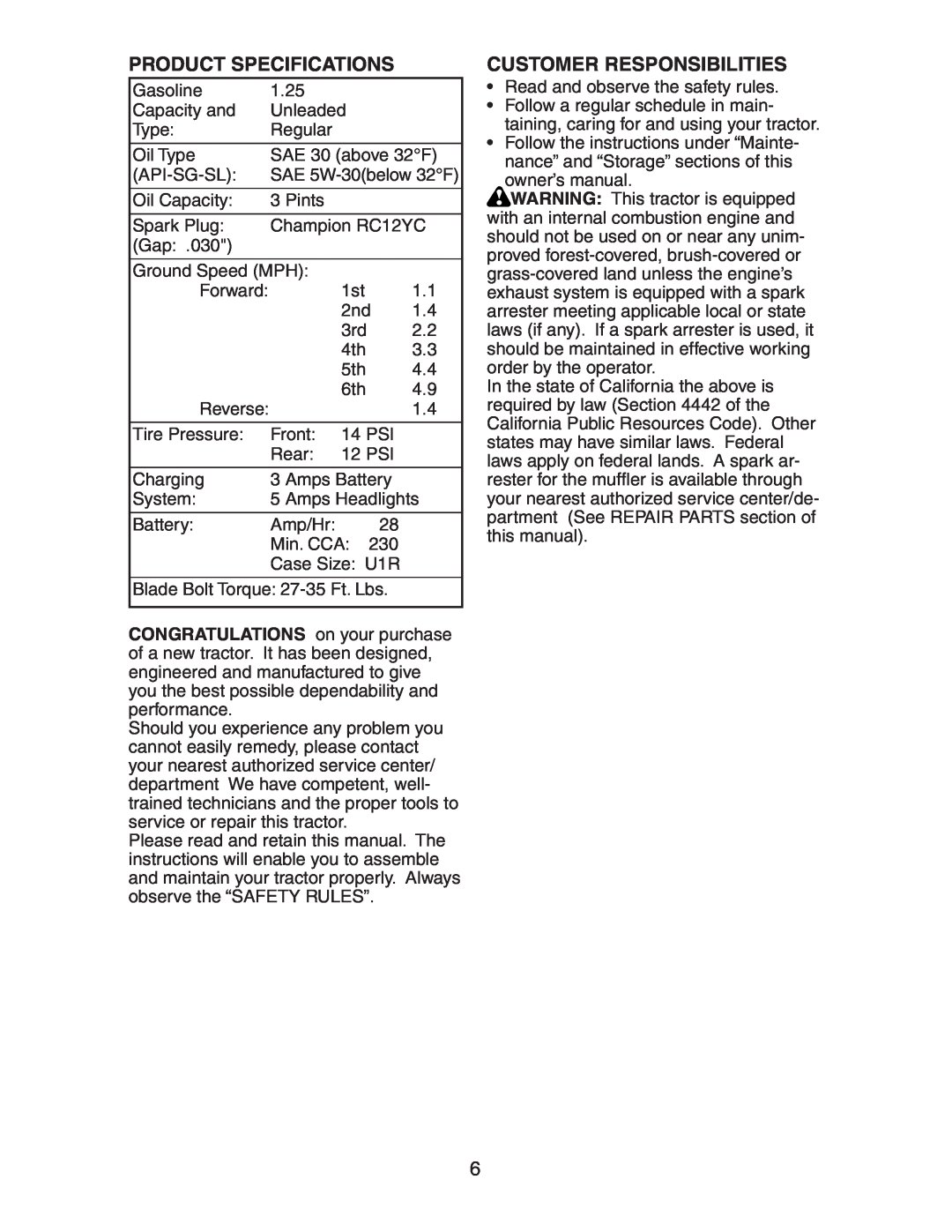 Poulan AG17542STB manual Product Specifications, Customer Responsibilities 
