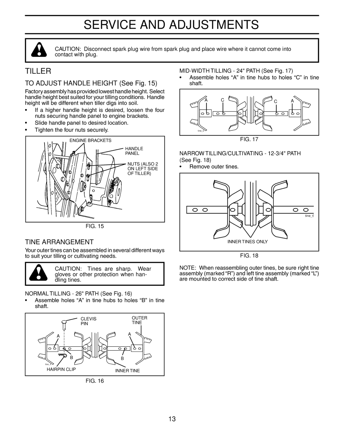 Poulan AGF550A owner manual Service and Adjustments, Tiller, To Adjust Handle Height See Fig, Tine Arrangement 