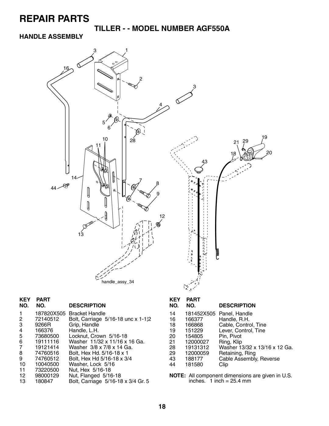 Poulan owner manual Tiller - Model Number AGF550A, Handle Assembly, KEY Part Description 