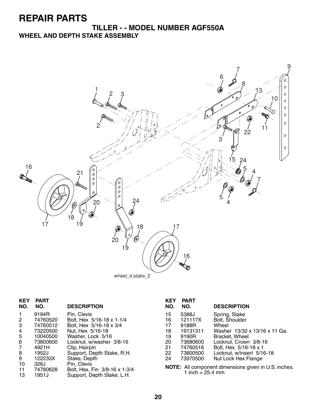 Poulan AGF550A owner manual Wheel and Depth Stake Assembly, 9194R Pin, Clevis 