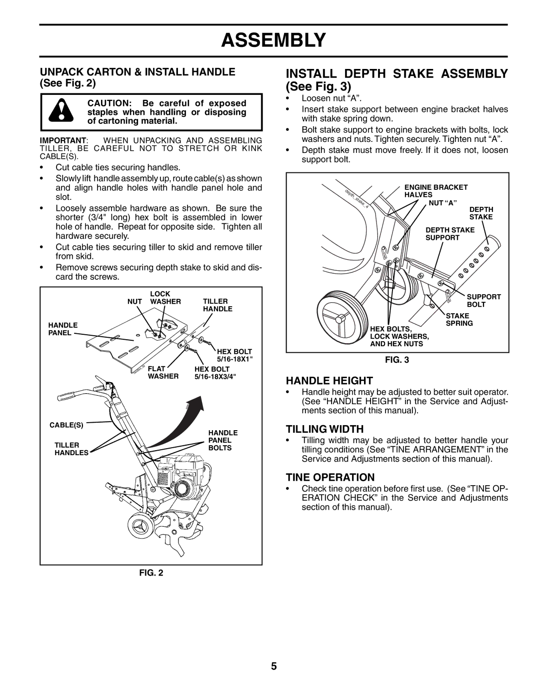 Poulan AGF550A owner manual Unpack Carton & Install Handle See Fig, Handle Height, Tilling Width, Tine Operation 