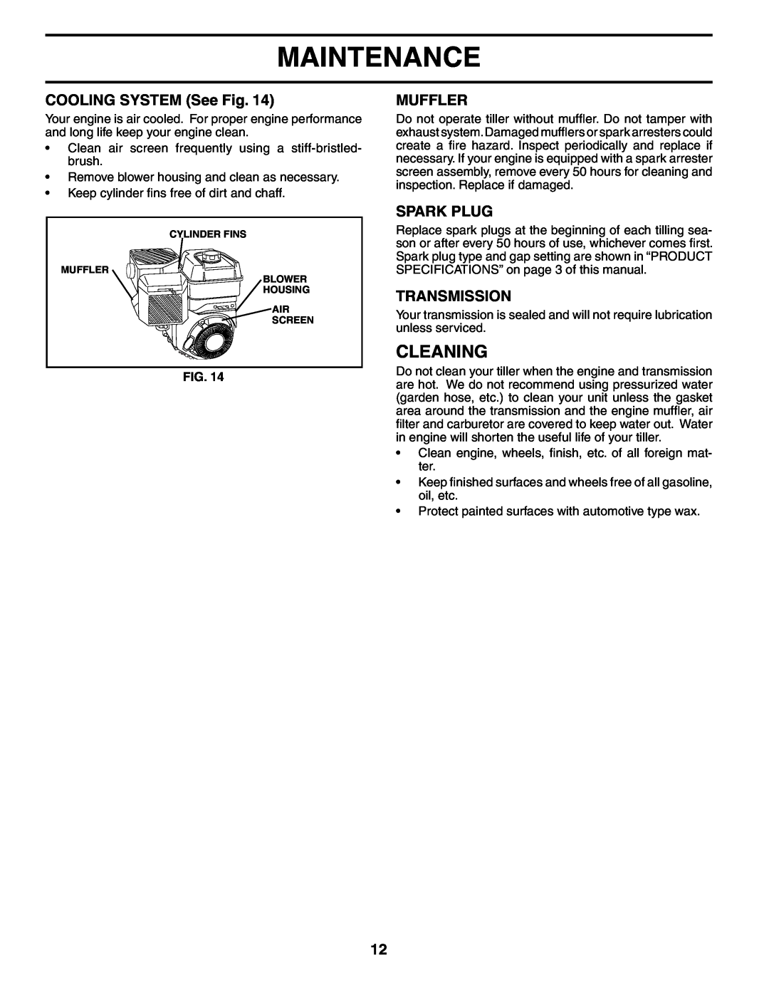 Poulan AGF550A owner manual Cleaning, COOLING SYSTEM See Fig, Muffler, Spark Plug, Transmission, Maintenance 
