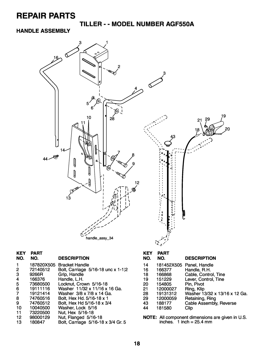 Poulan owner manual Repair Parts, TILLER - - MODEL NUMBER AGF550A, Handle Assembly, Description 