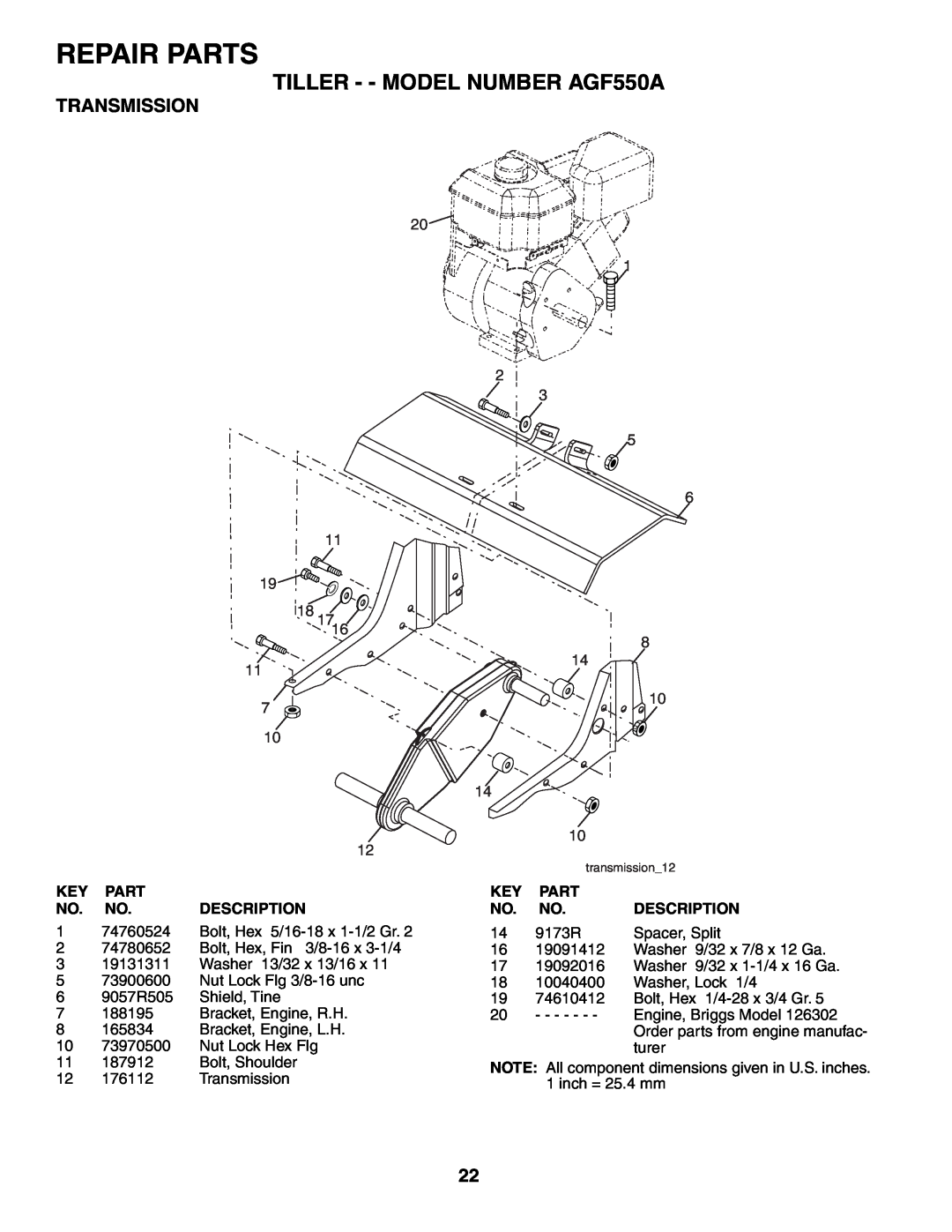 Poulan owner manual Repair Parts, TILLER - - MODEL NUMBER AGF550A, Transmission, Description, 9173R, Spacer, Split 