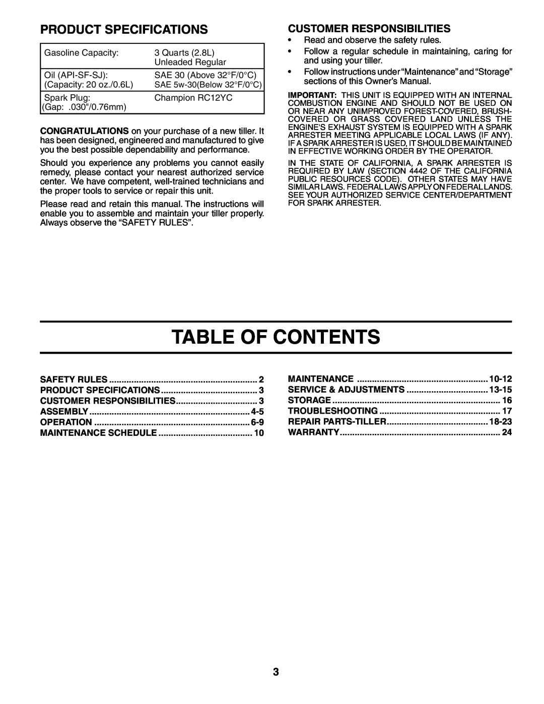 Poulan AGF550A owner manual Table Of Contents, Product Specifications, Customer Responsibilities, 10-12, 13-15, 18-23 