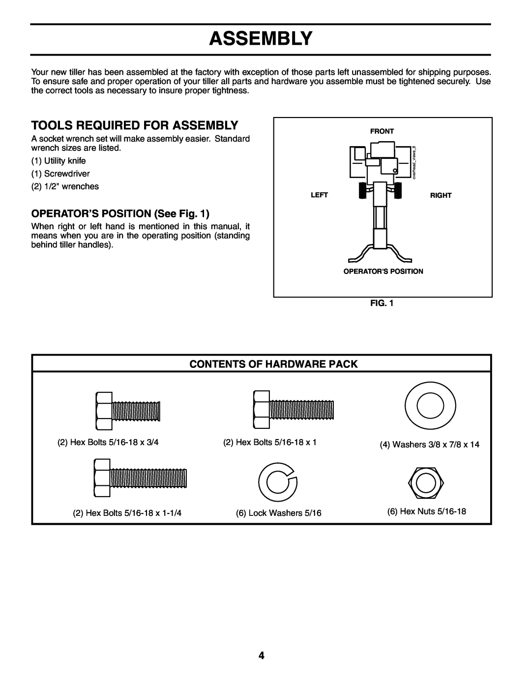 Poulan AGF550A owner manual Tools Required For Assembly, OPERATOR’S POSITION See Fig, Contents Of Hardware Pack 