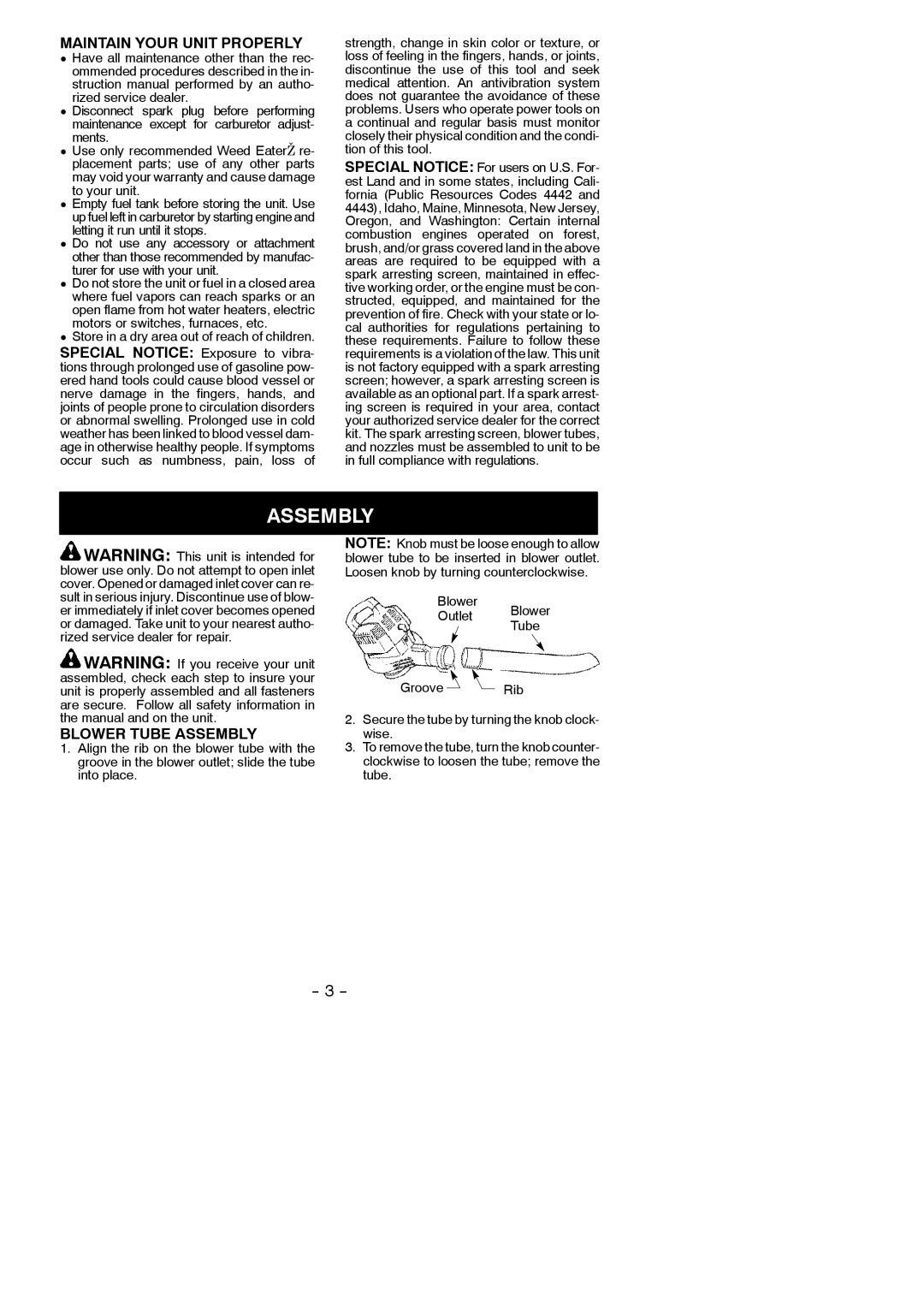 Poulan B1750 instruction manual Maintain Your Unit Properly, Blower Tube Assembly 