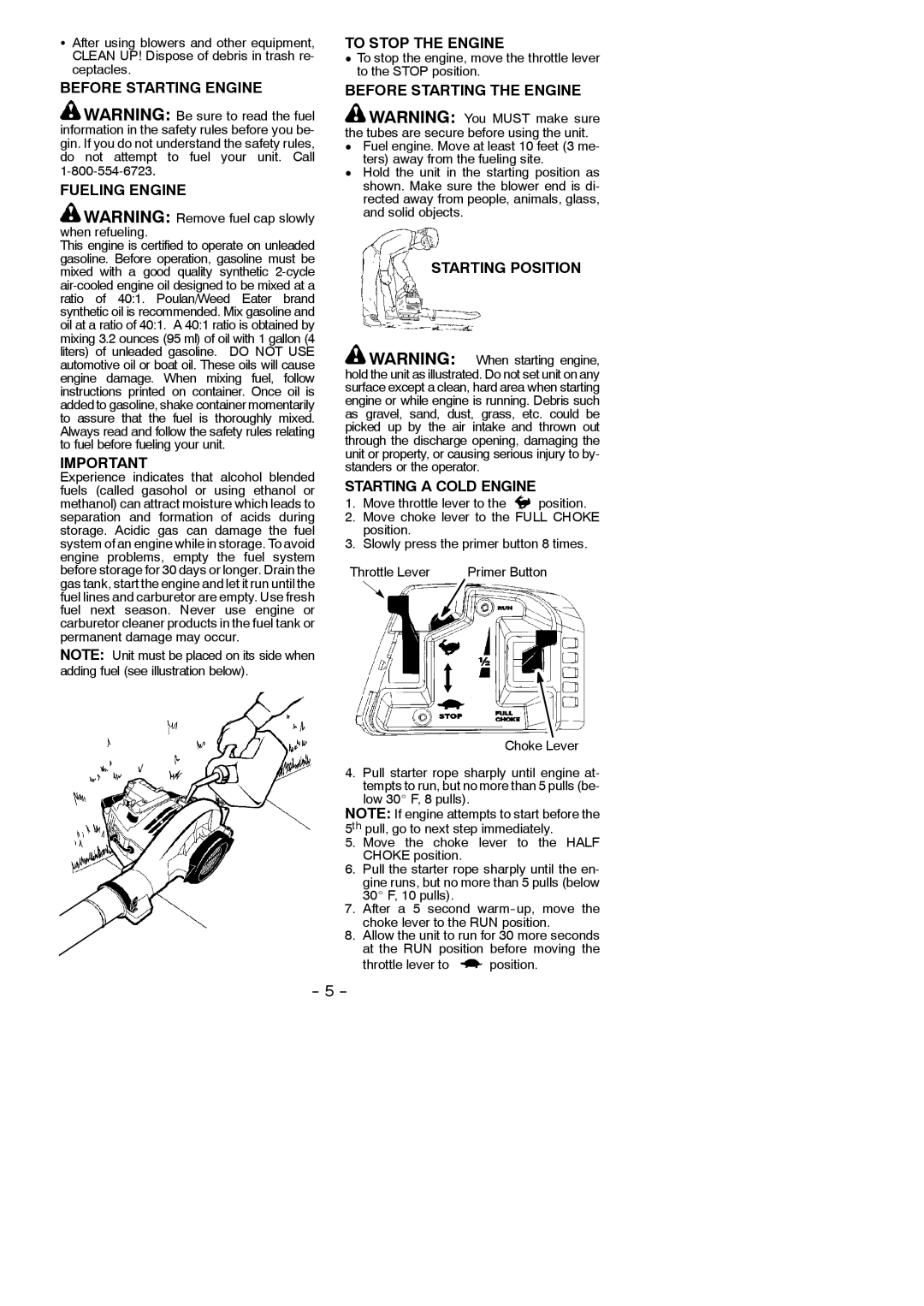 Poulan B1750 instruction manual Before Starting Engine Fueling Engine, To Stop the Engine, Before Starting the Engine 