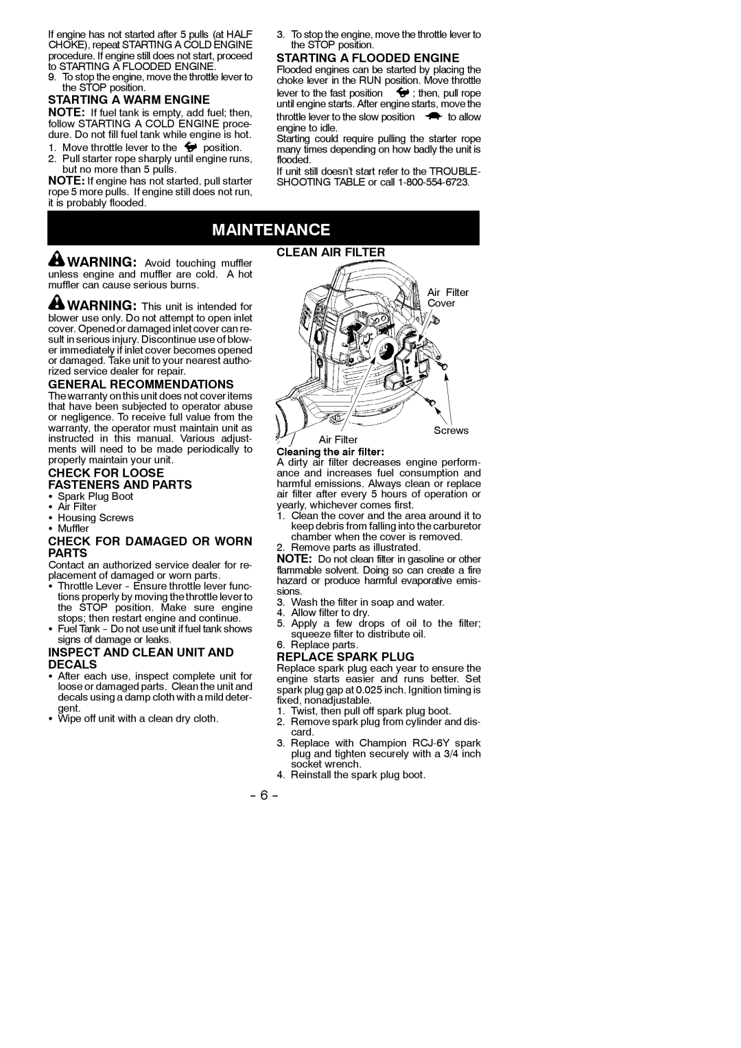 Poulan B1750 instruction manual Maintenance 