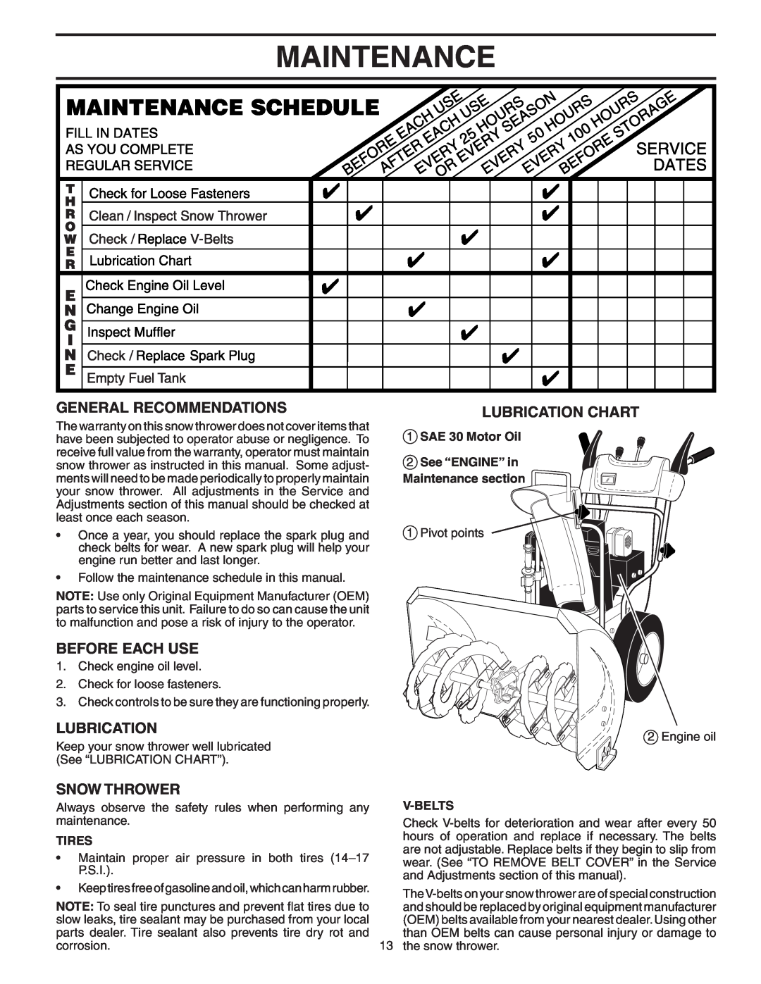 Poulan B8527ES Maintenance, General Recommendations, Before Each Use, Lubrication Chart, Snow Thrower, Tires, V-Belts 