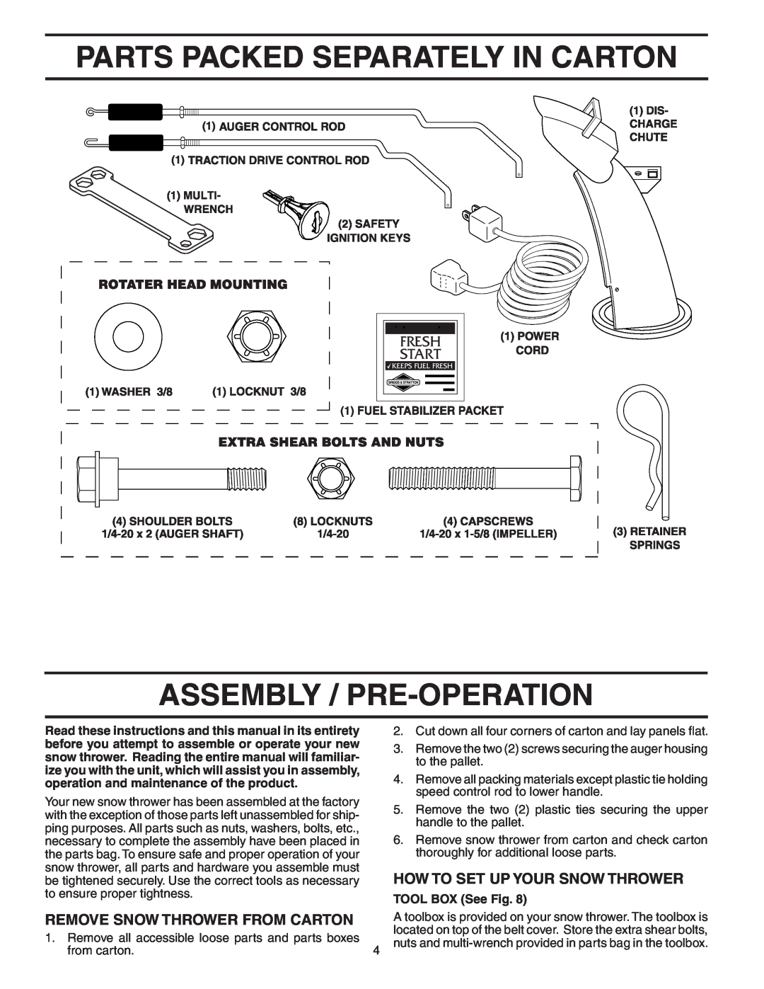 Poulan B8527ES owner manual Parts Packed Separately In Carton Assembly / Pre-Operation, How To Set Up Your Snow Thrower 