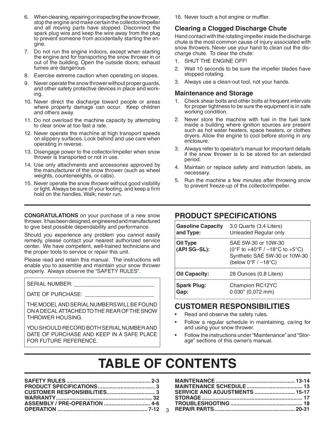 Poulan B8527ES owner manual Table of Contents 